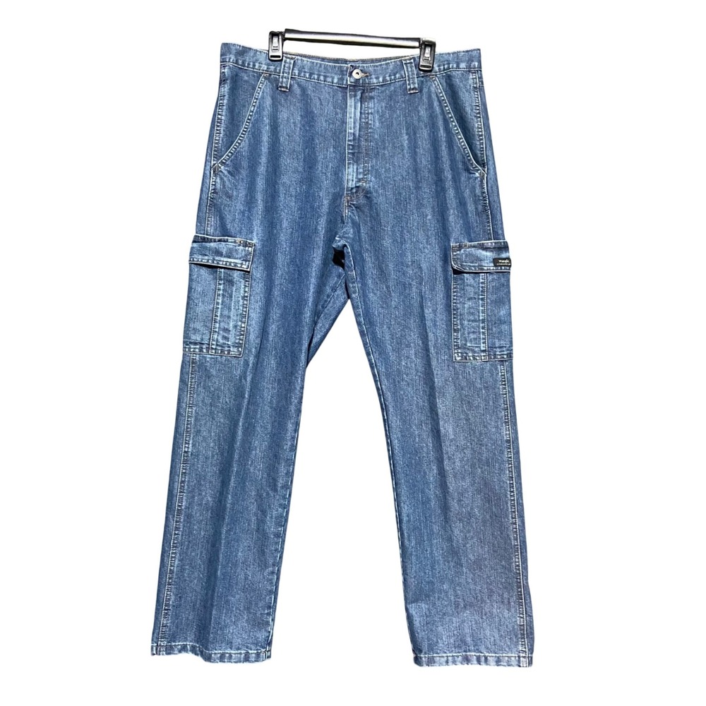 Wrangler Mens Cargo Jeans Medium Wash Blue Straight Leg 36x31 Workwear Utility